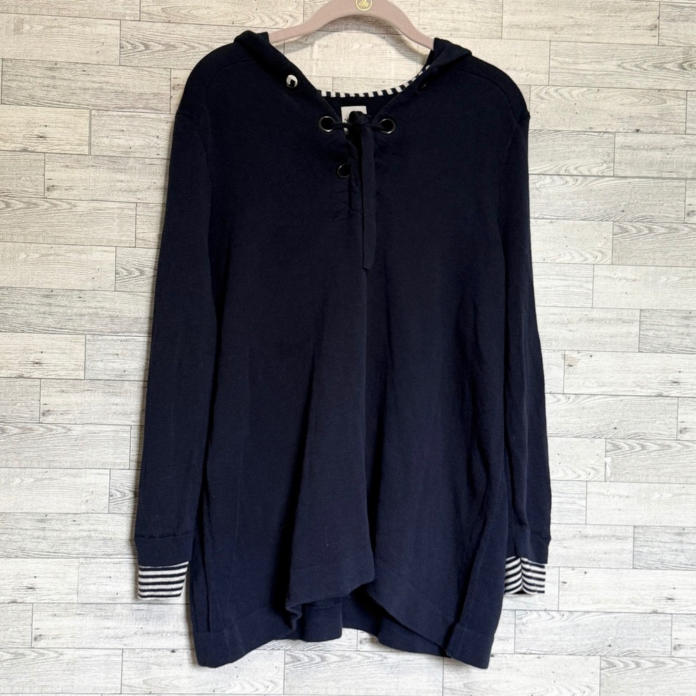 NIC+ZOE Hoodie Sweatshirt XL Extra Large Navy Blue Lace‎ Up Pullover Top Casual